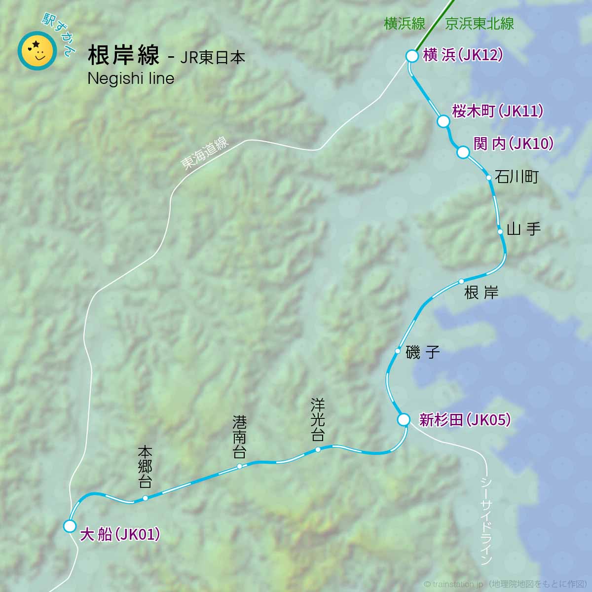 根岸線路線図と地形地図