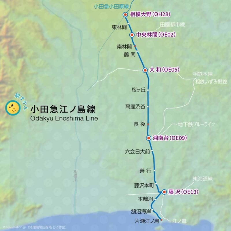 小田急江ノ島線路線図と地形マップ