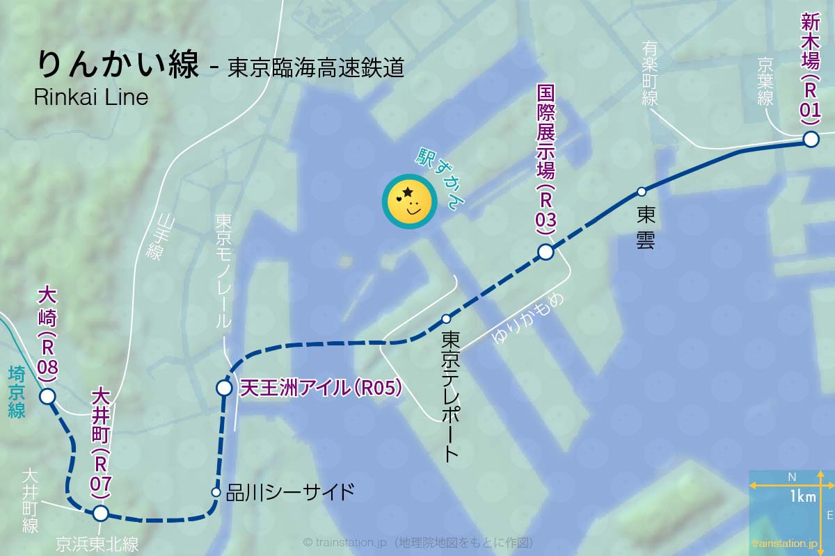 りんかい線路線図と地形地図