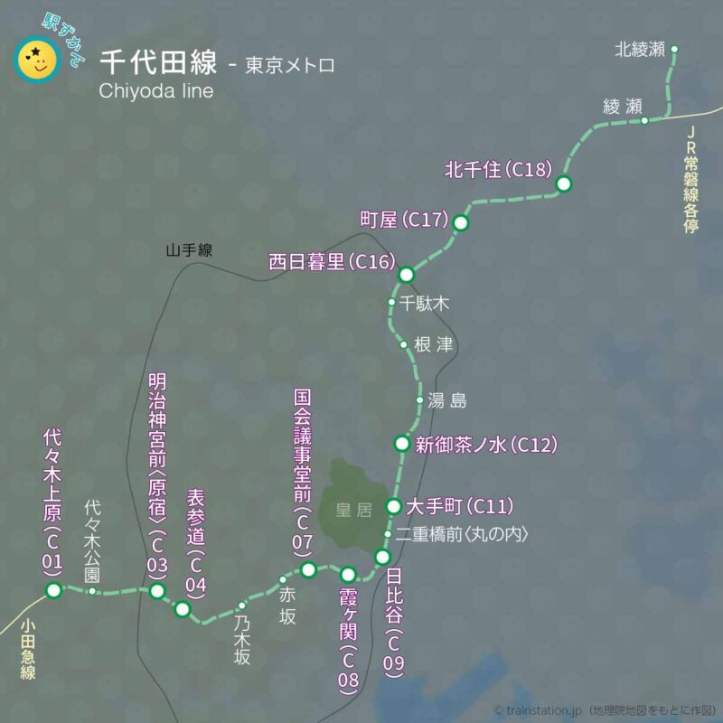 千代田線路線図と地形地図