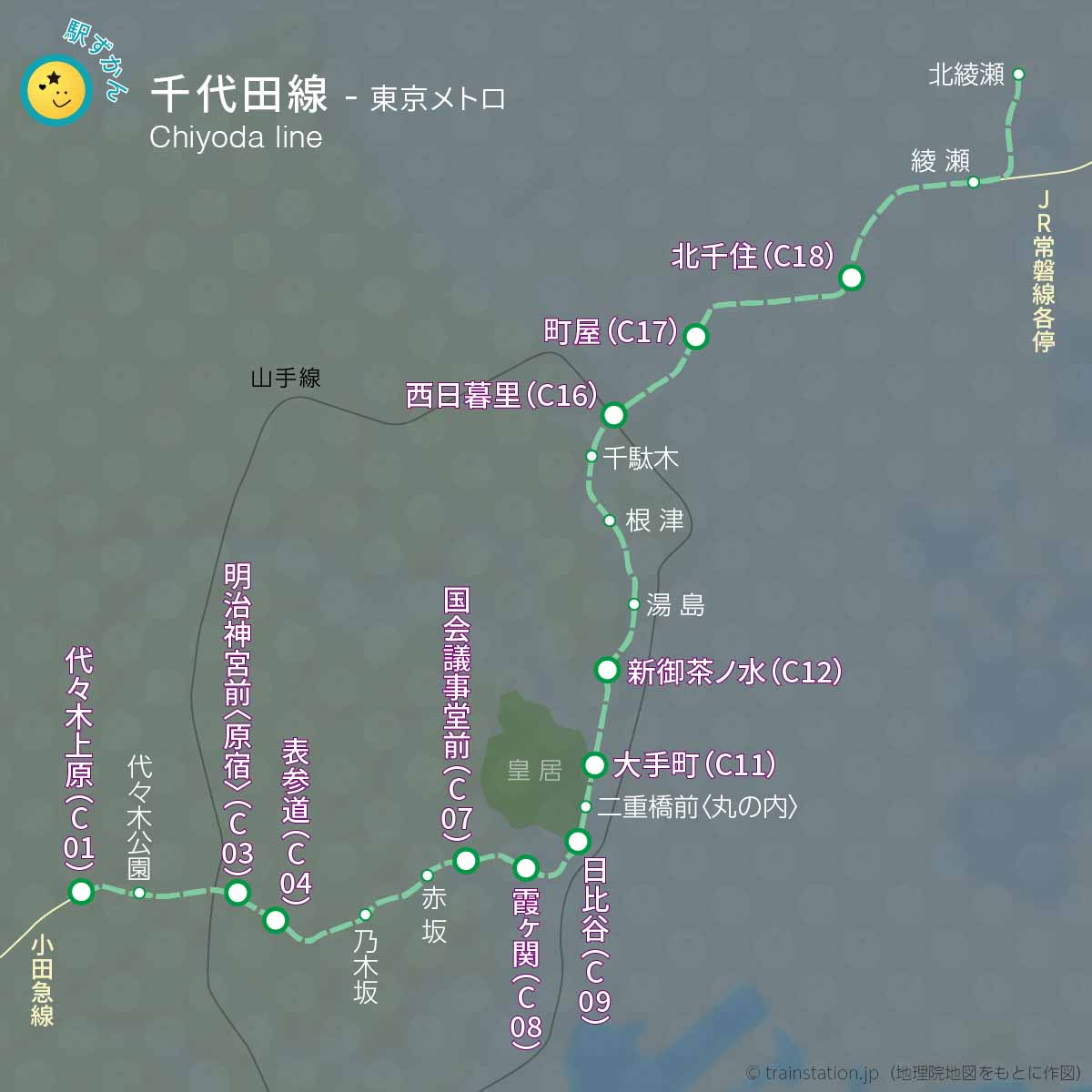 千代田線 地図上の路線図と駅一覧 (東京メトロ) - 駅ずかん