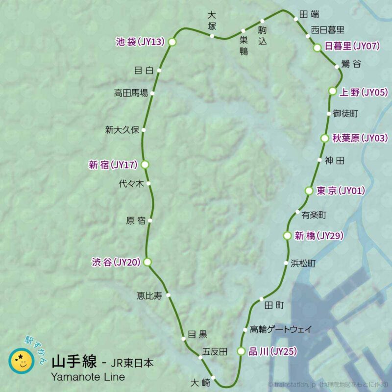 山手線路線図と地形地図