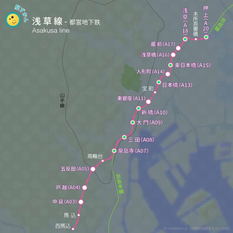 都営浅草線路線図と地形地図