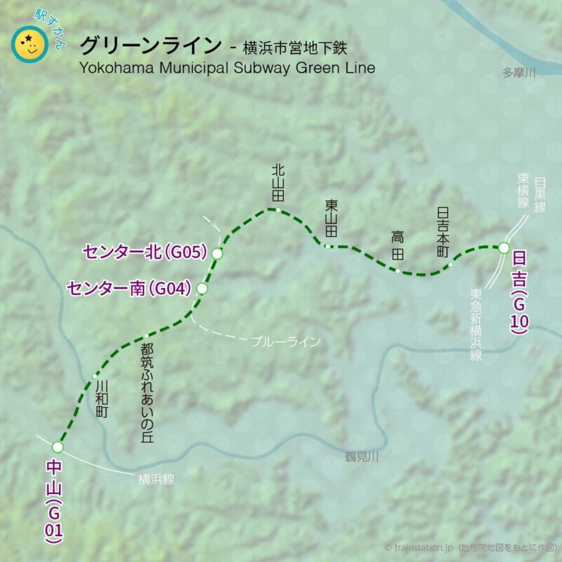 横浜市営地下鉄グリーンライン路線図と地形マップ