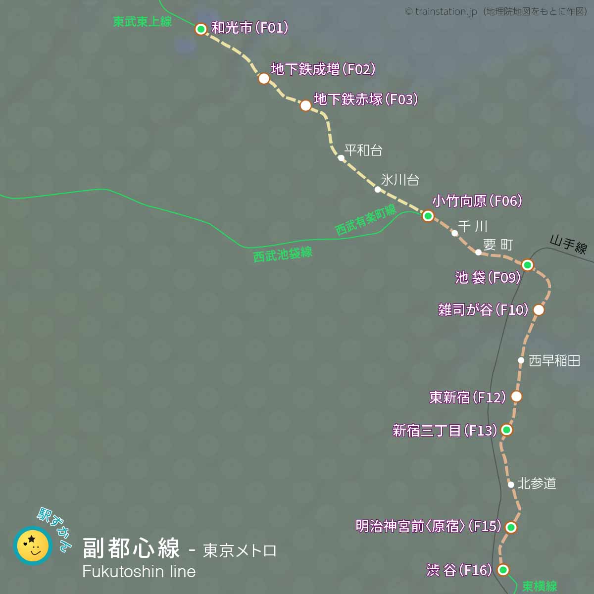 副都心線路線図と地形地図