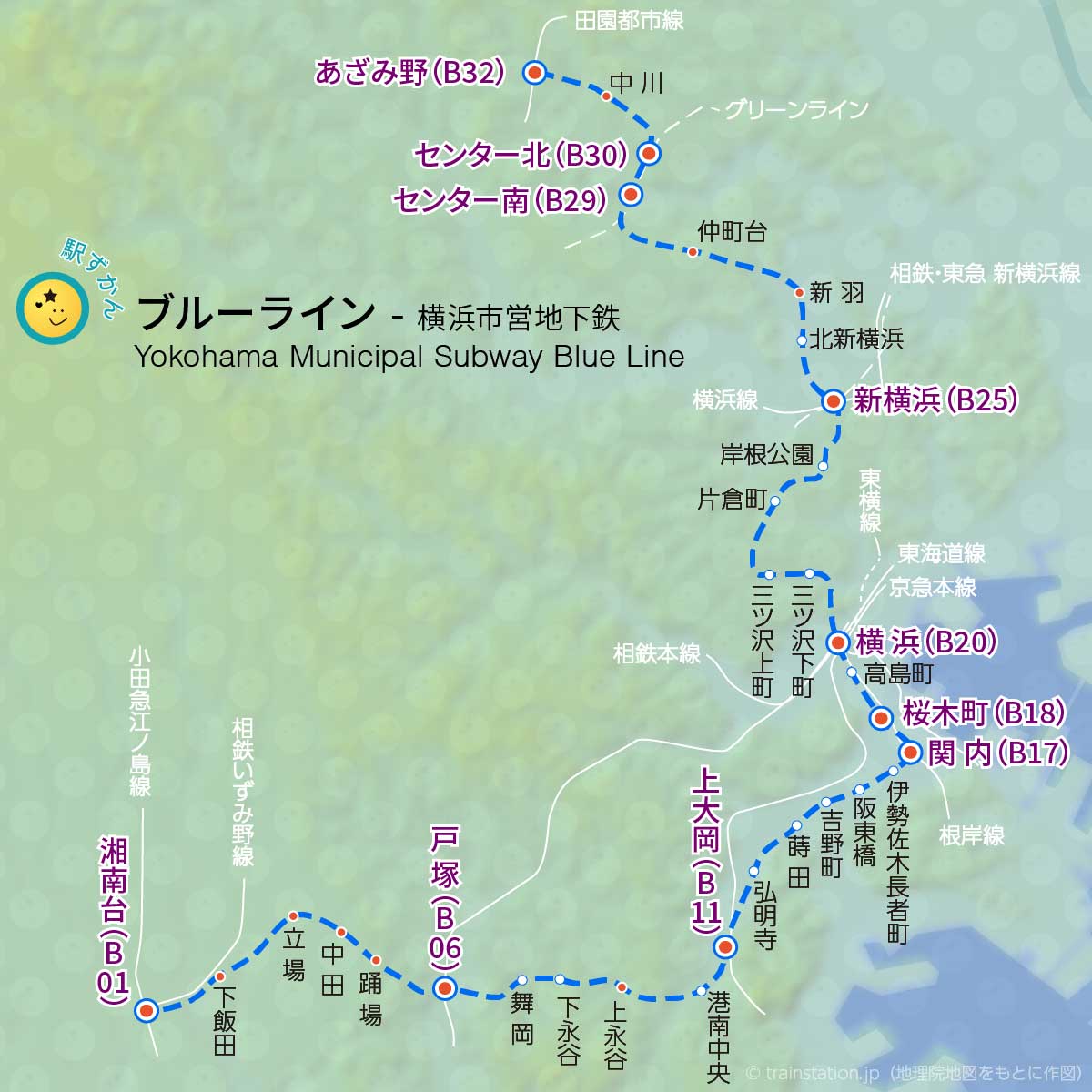 横浜市営地下鉄ブルーライン路線図と地形マップ