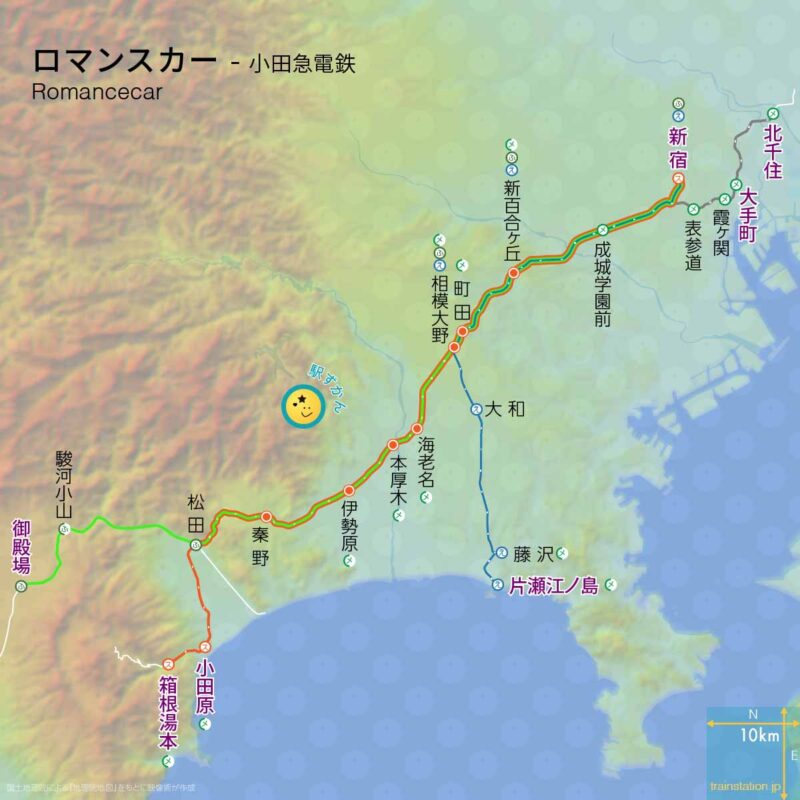 ロマンスカー路線図と地形地図