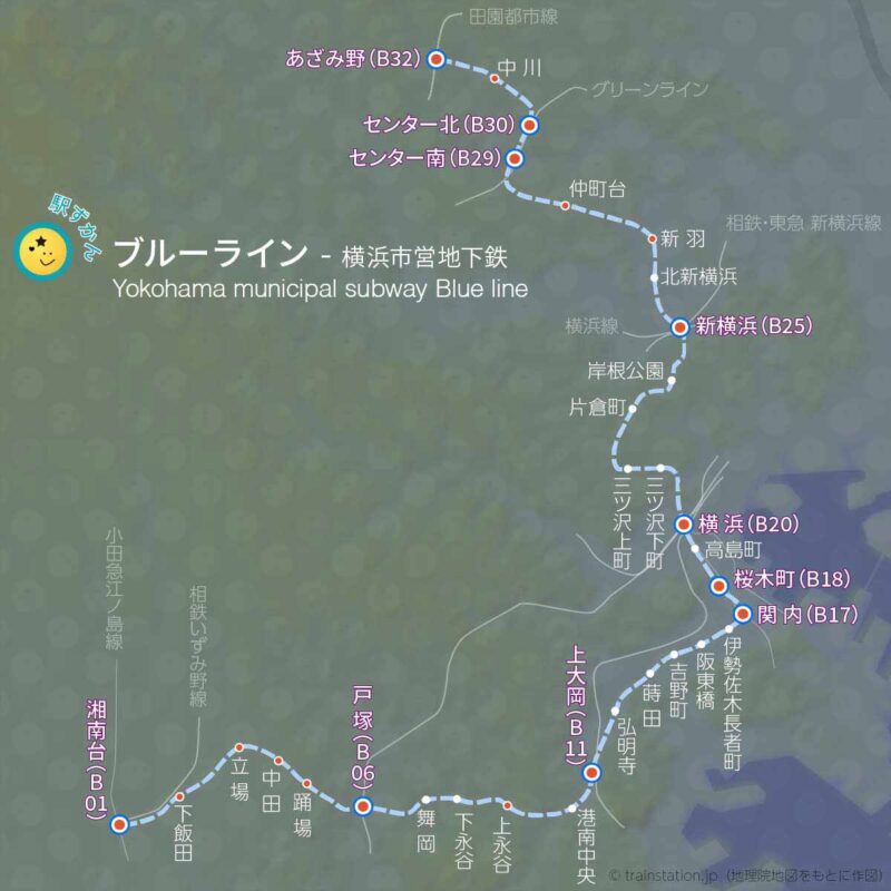 横浜市営地下鉄ブルーライン路線図と地形地図