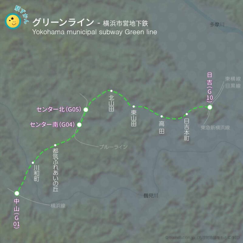 地下鉄グリーンライン路線図と地形地図