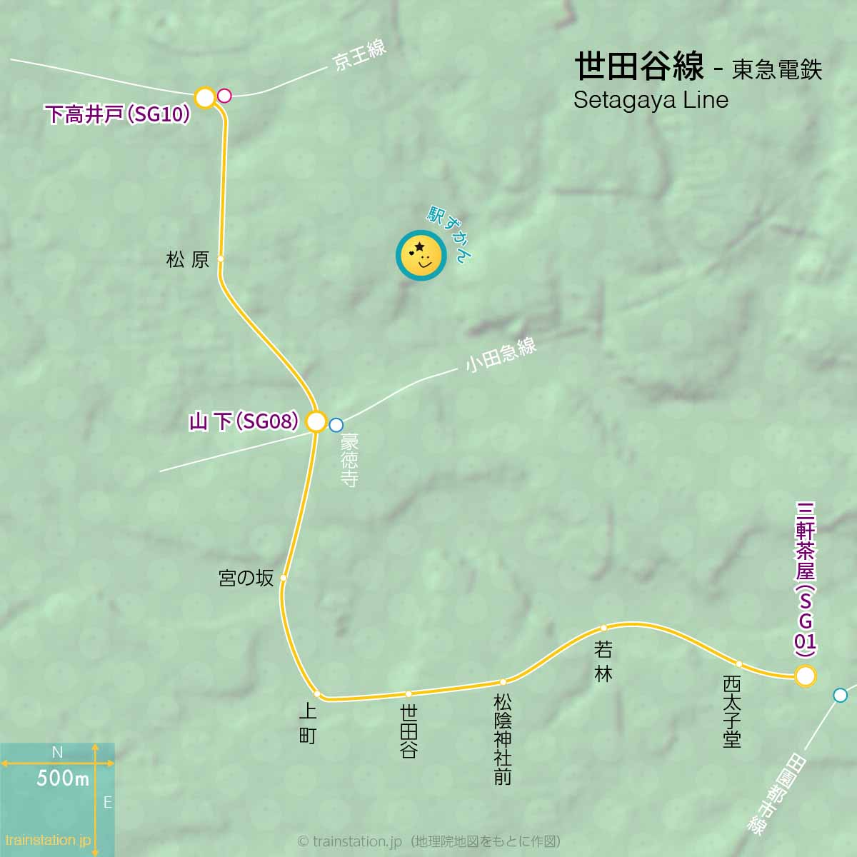 世田谷線路線図と地形地図
