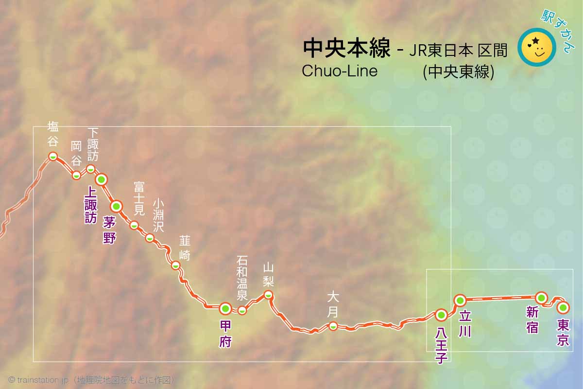 中央本線路線図と地形地図(JR東日本管轄)