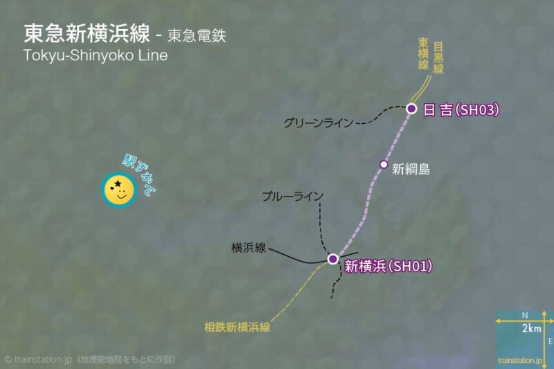 東急新横浜線の路線図と地形地図
