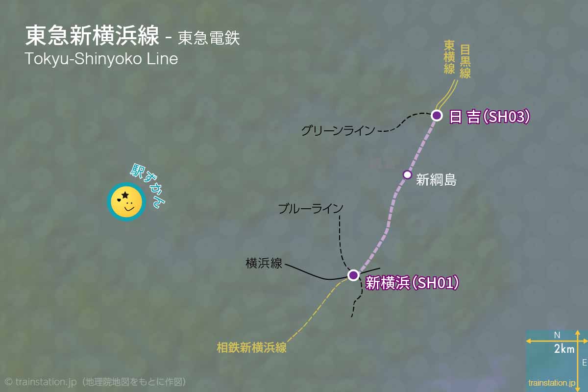東急新横浜線の路線図と地形地図