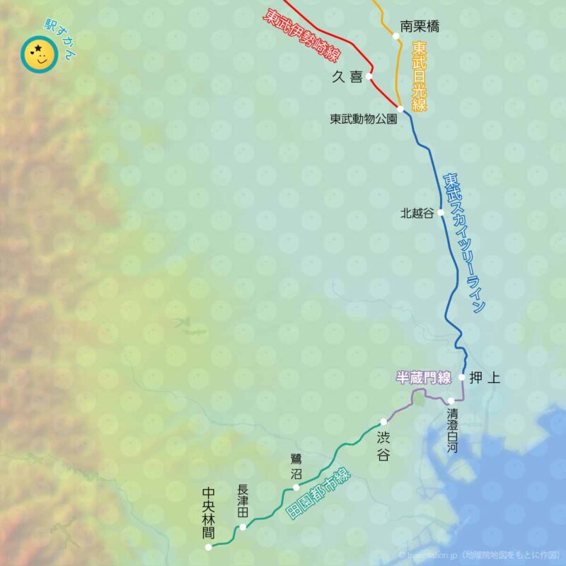 田園都市線⇔半蔵門線⇔東武線の直通路線図