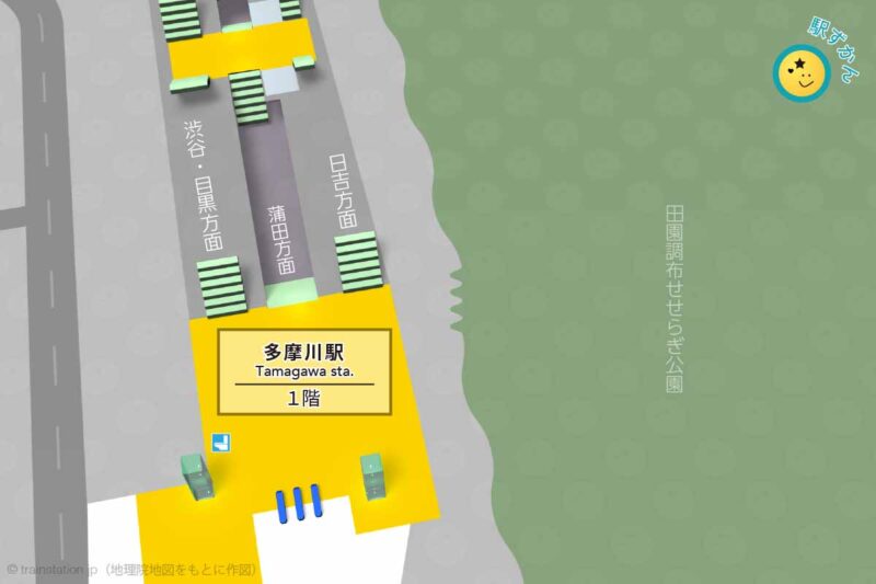 多摩川駅構内図と周辺地図