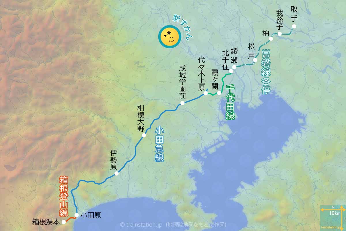 小田急線,千代田線,常磐線各停の直通路線図 どこまで乗り入れ