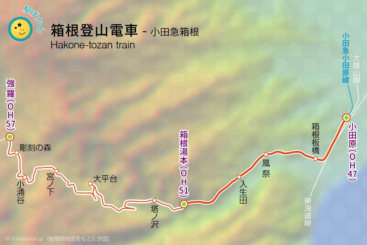 箱根登山電車路線図と地形地図