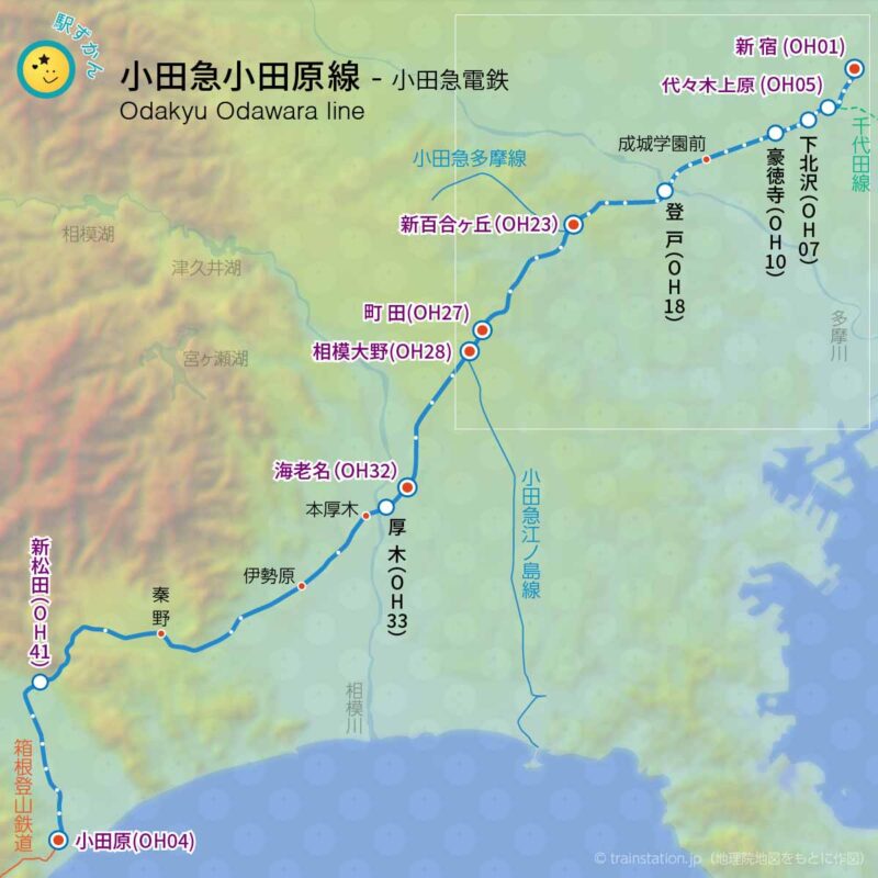 小田急小田原線路線図と地形地図