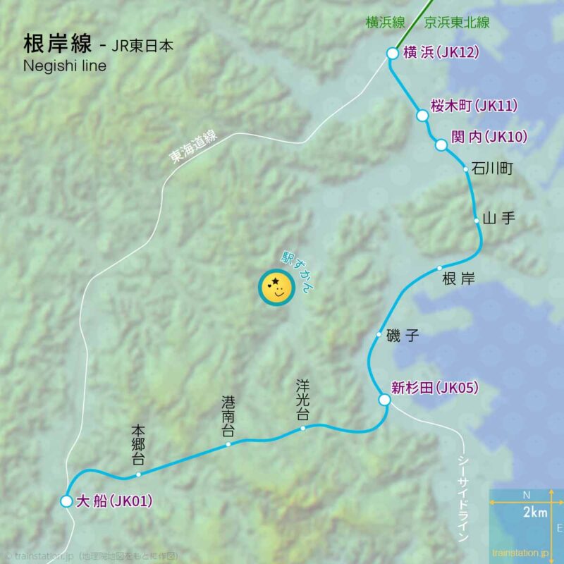 根岸線路線図と地形地図