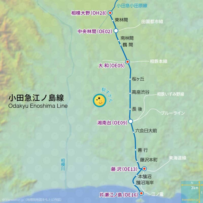 小田急江ノ島線路線図と地形マップ