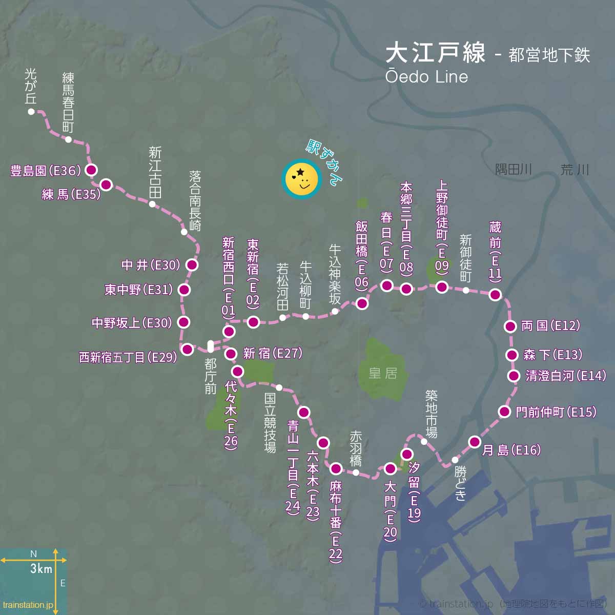 都営大江戸線路線図と地形地図