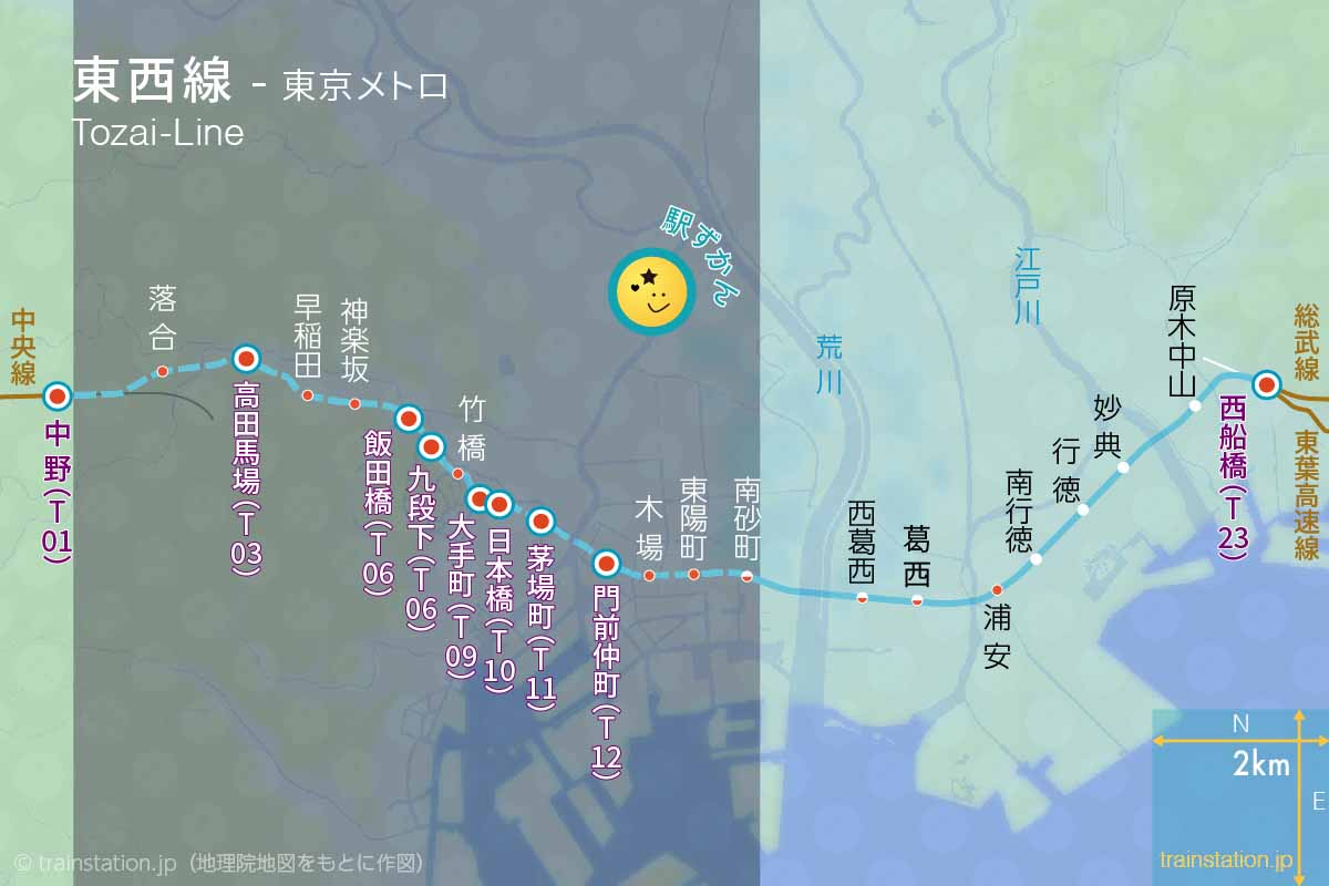 東西線路線図と地形地図