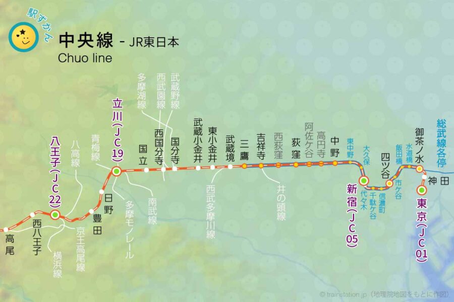 中央線 地図上の路線図と駅一覧 (JR東日本) - 駅ずかん