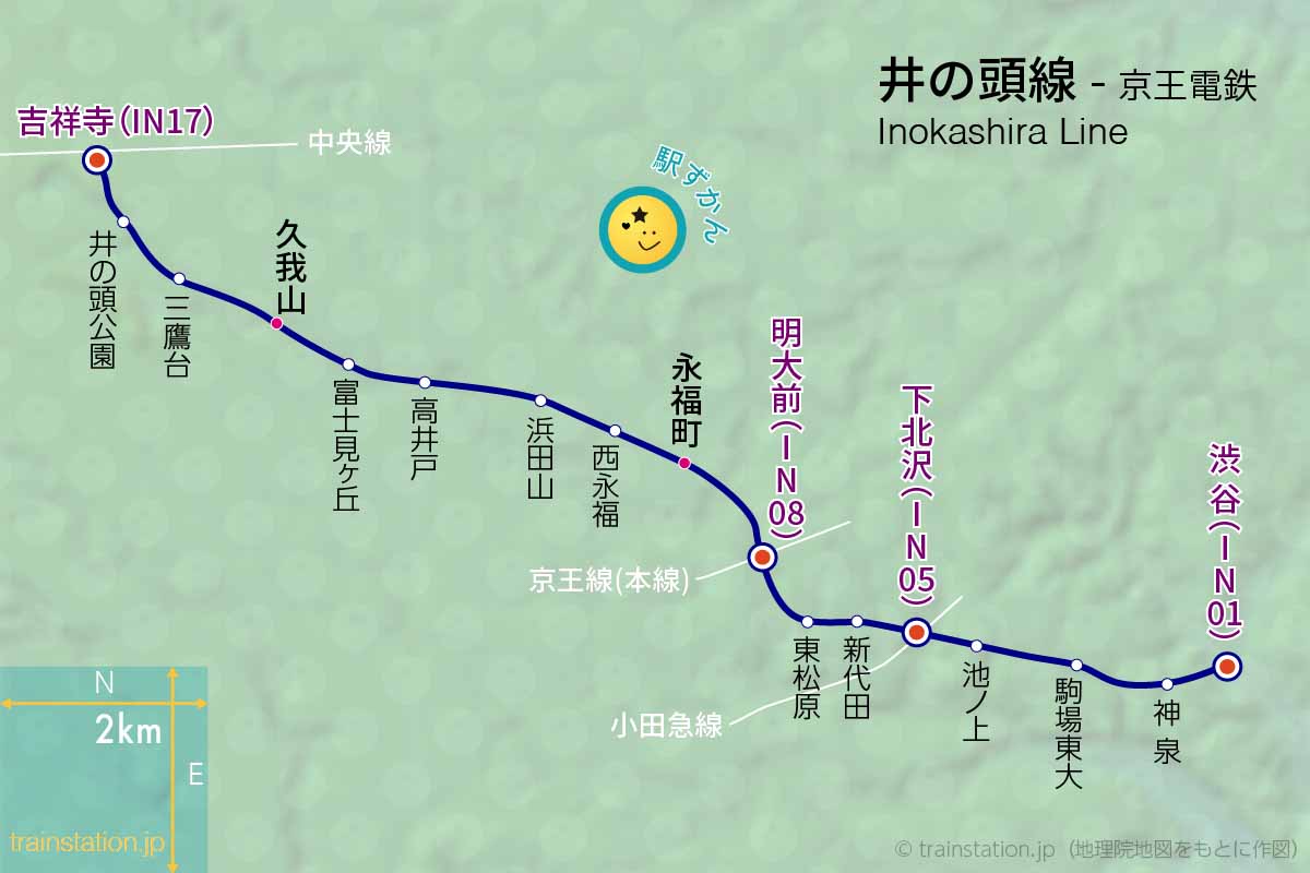 井の頭線路線図と地形地図