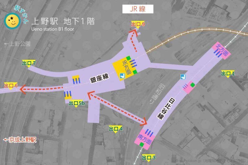 東京メトロ上野駅構内図と出口マップ