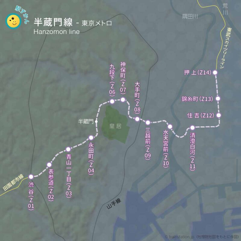 半蔵門線路線図と地形地図