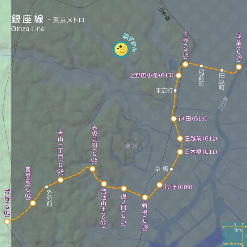 銀座線路線図と地形地図