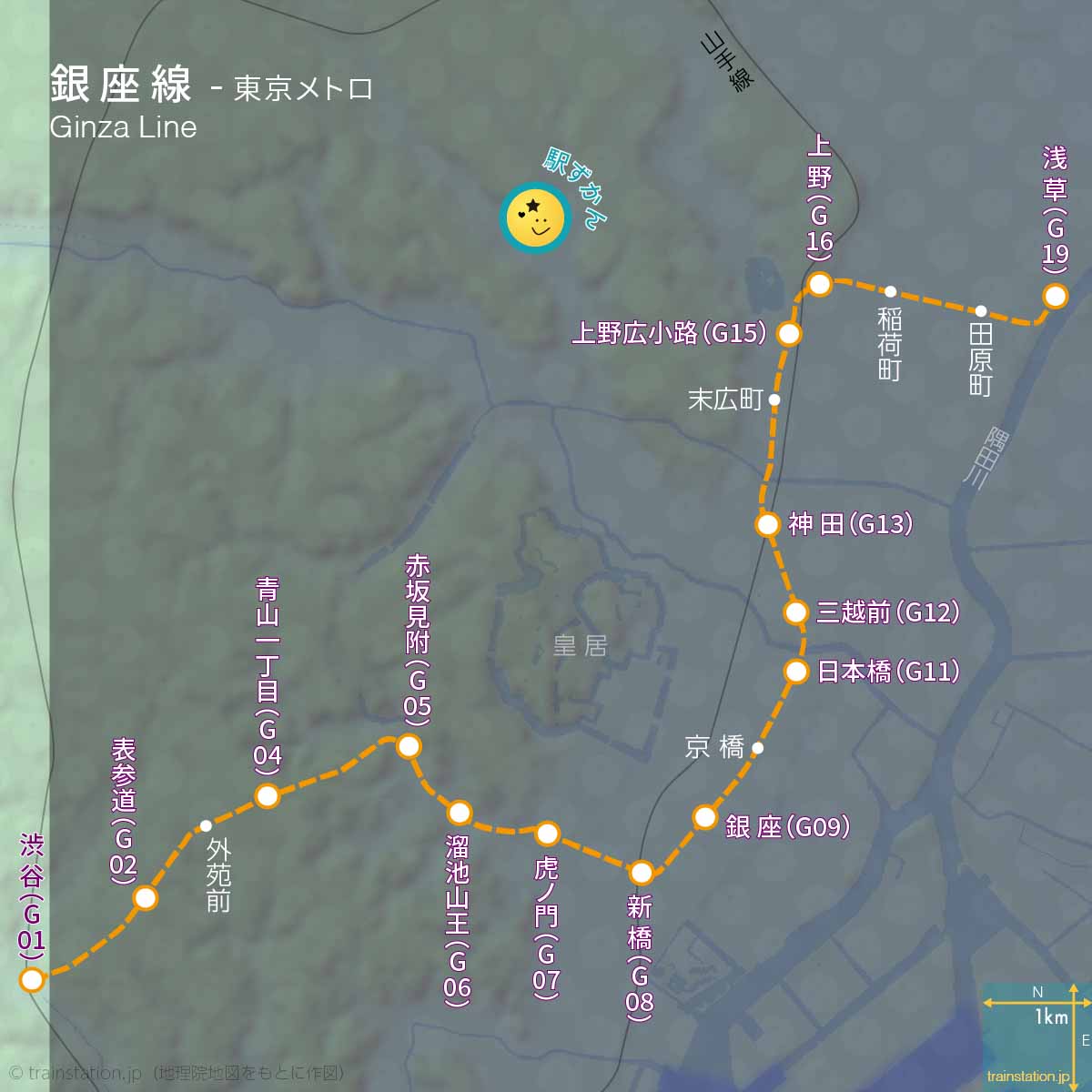 銀座線路線図と地形地図