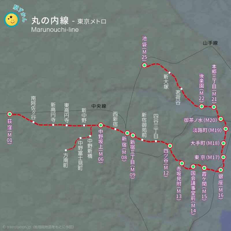 丸の内線路線図と地形地図