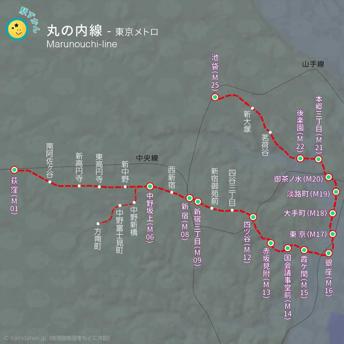 丸の内線路線図と地形地図