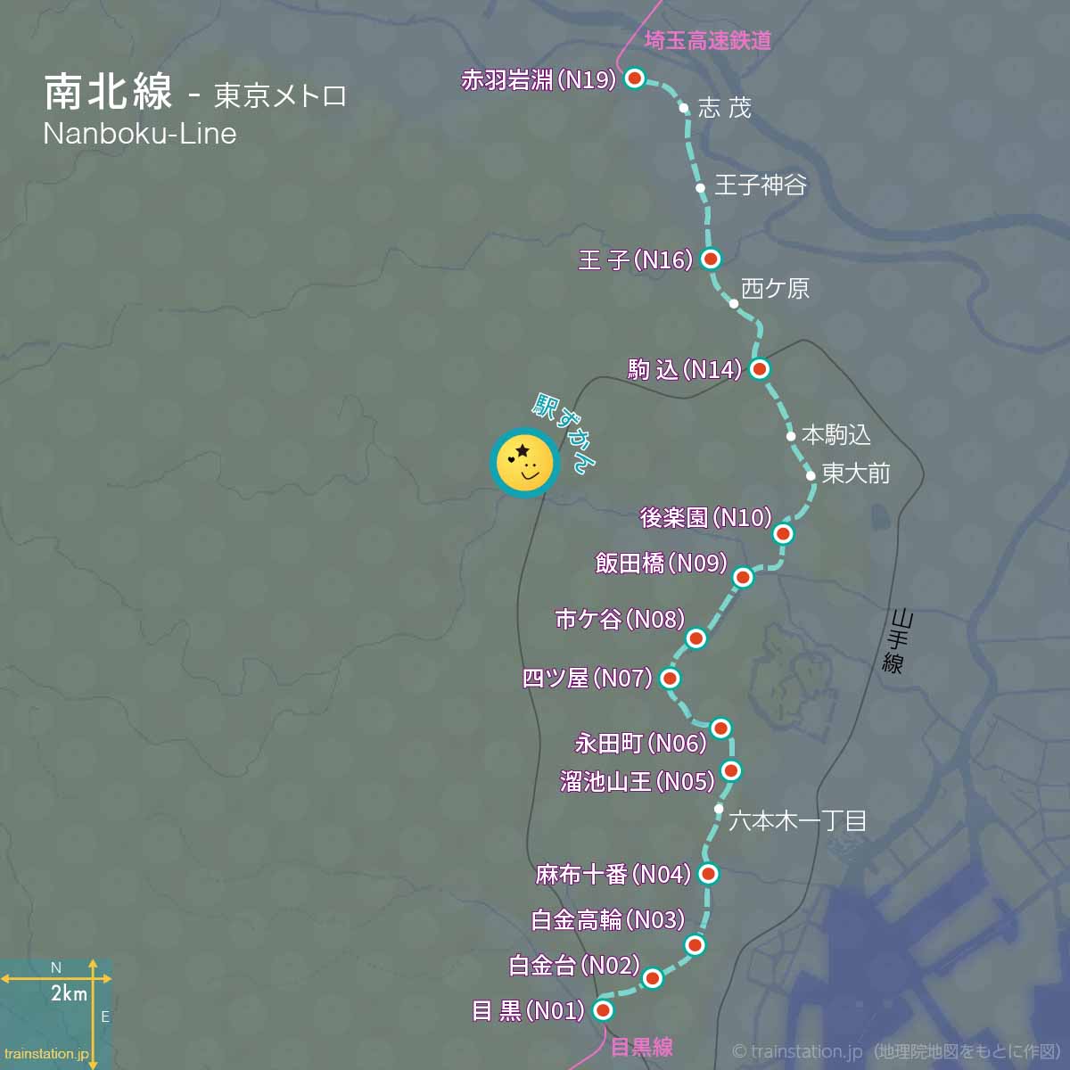 南北線路線図と地形地図