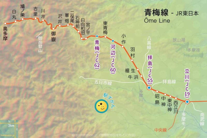 青梅線路線図と地形地図