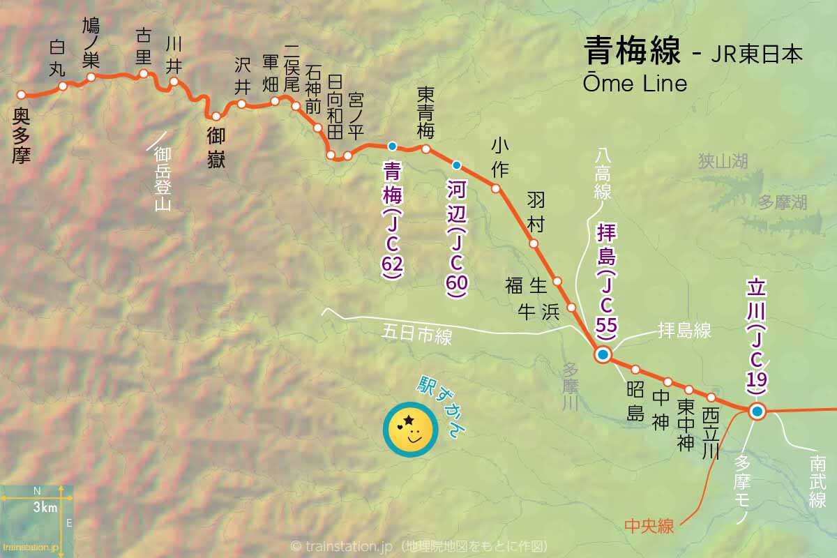 青梅線路線図と地形地図