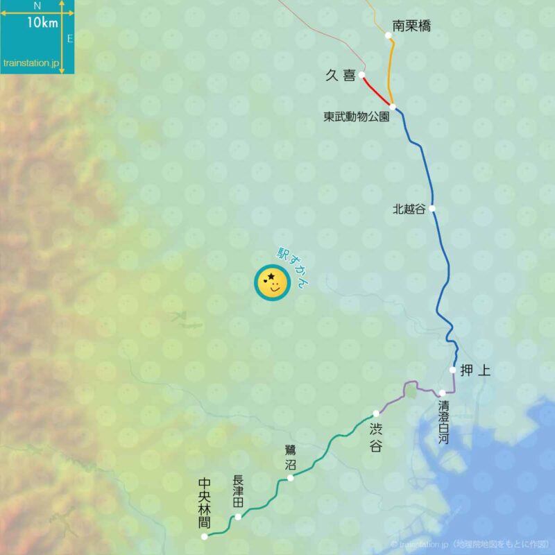 田園都市線⇔半蔵門線⇔東武線の直通路線図