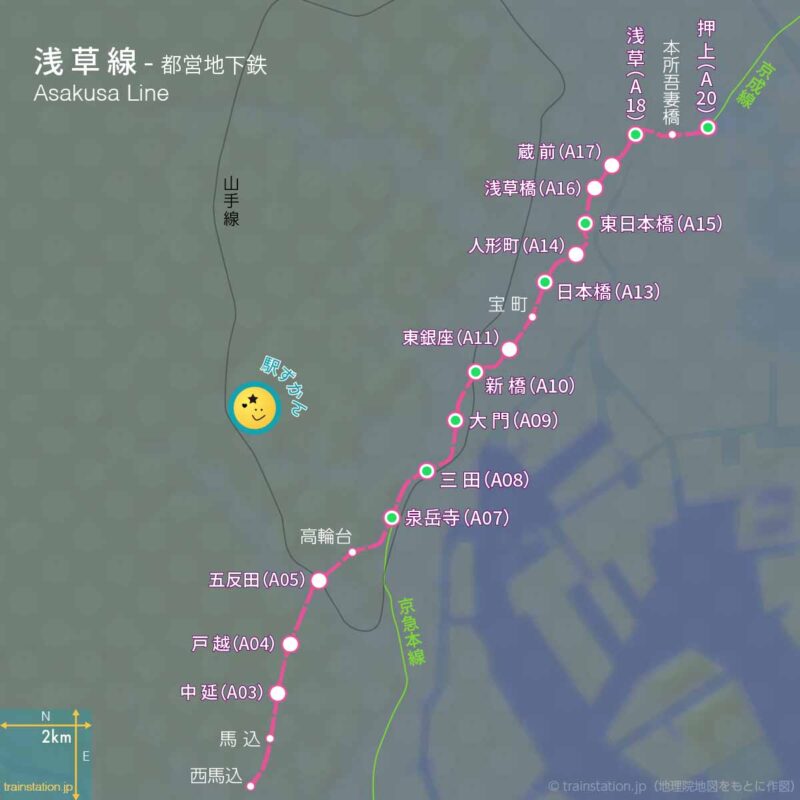 都営浅草線路線図と地形地図