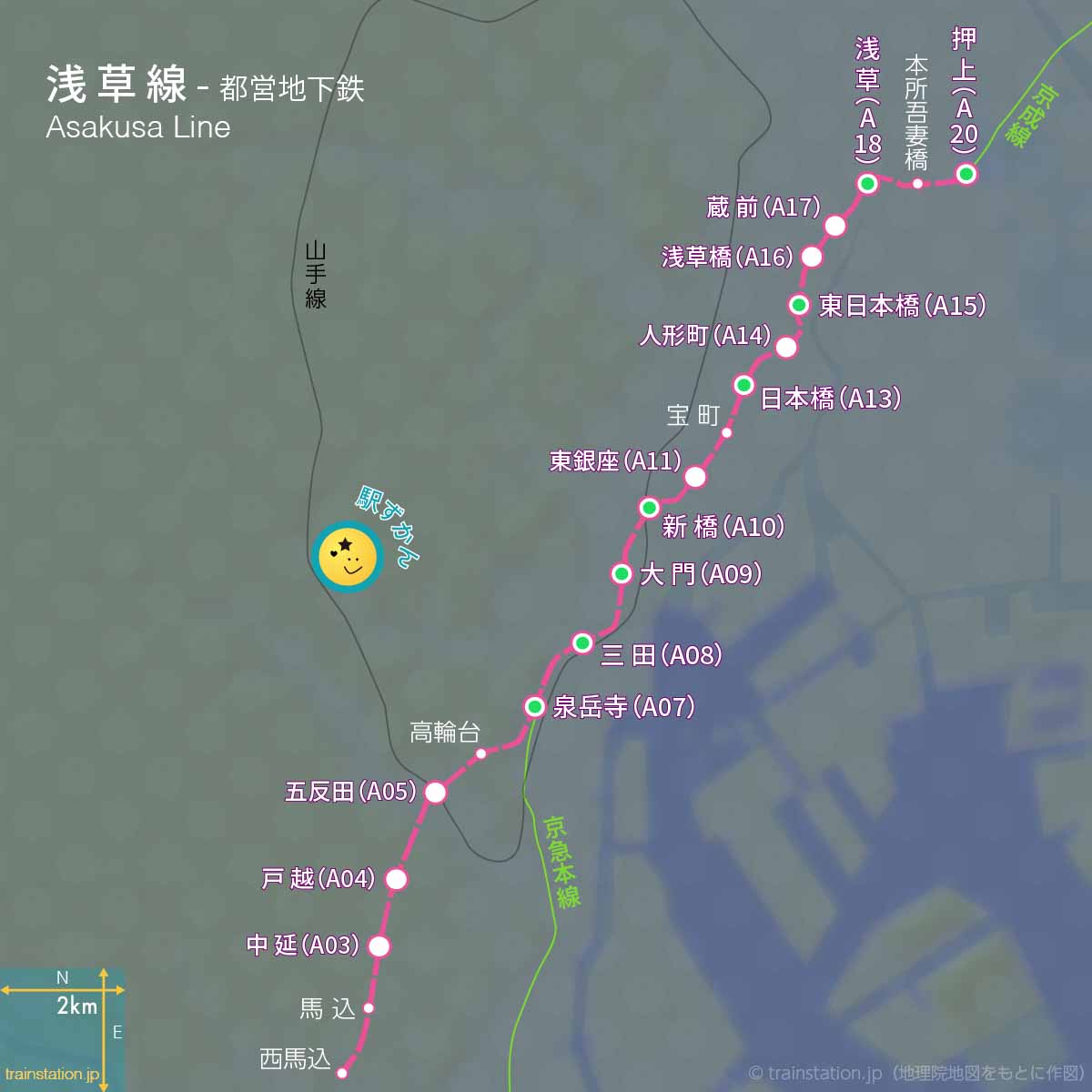 都営浅草線路線図と地形地図