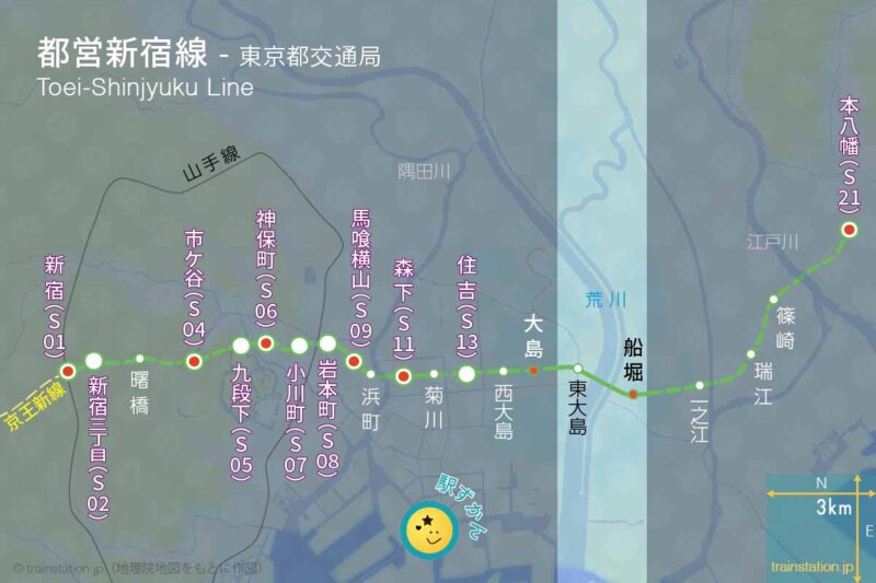 都営新宿線路線図と地形地図