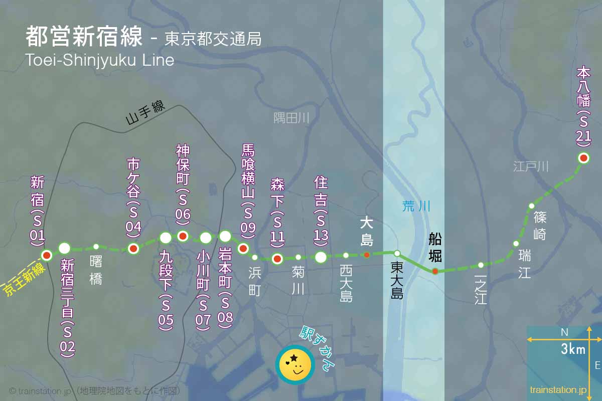 都営新宿線路線図と地形地図