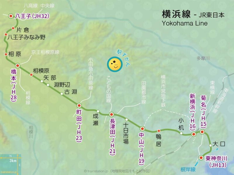 JR横浜線路線図と地形地図