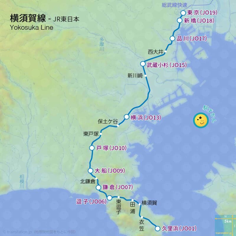 JR横須賀線路線図と地形地図