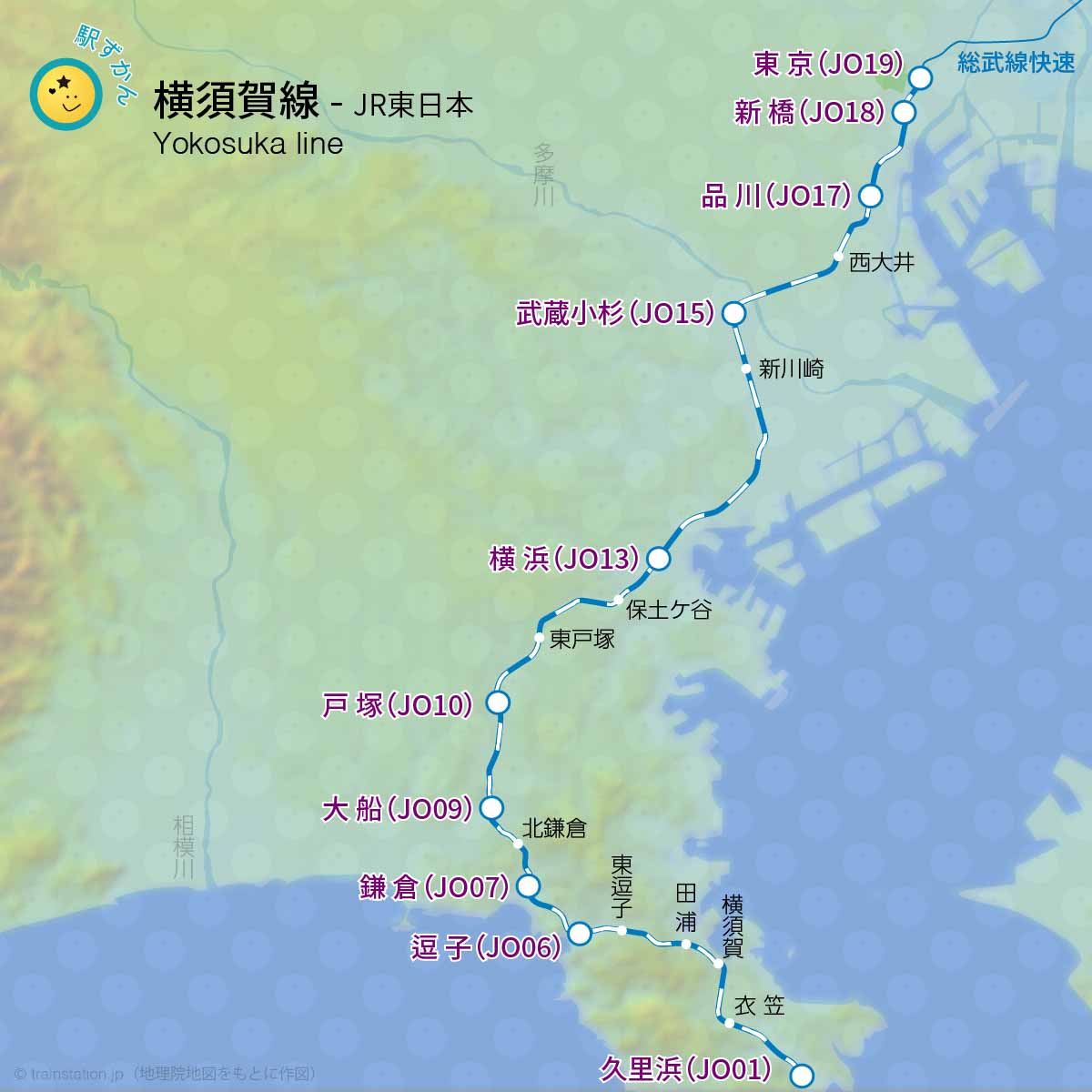 横須賀線路線図と地形地図