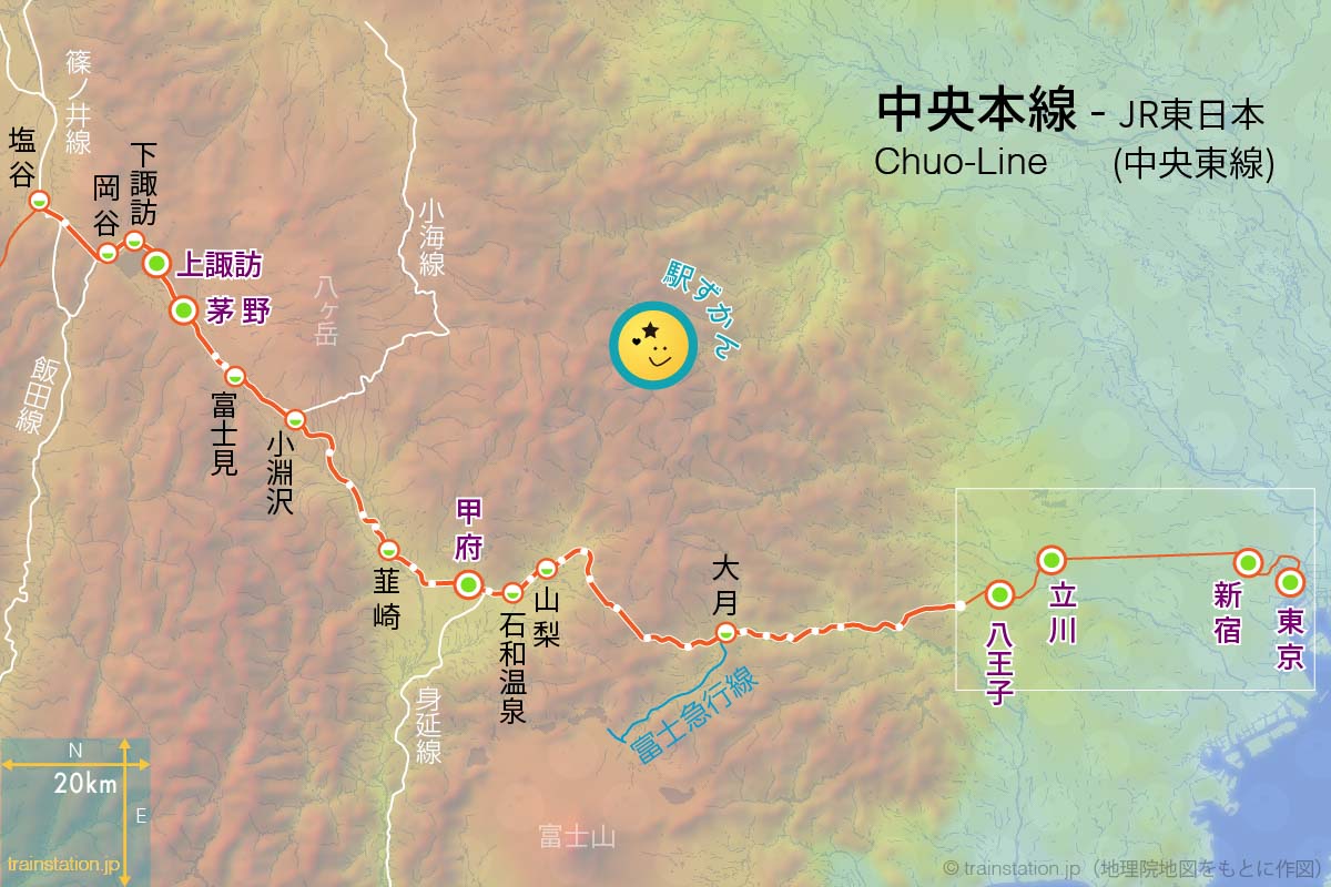 中央本線路線図と地形地図(中央東線)