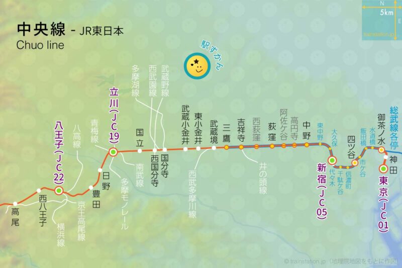 中央線路線図と地形地図