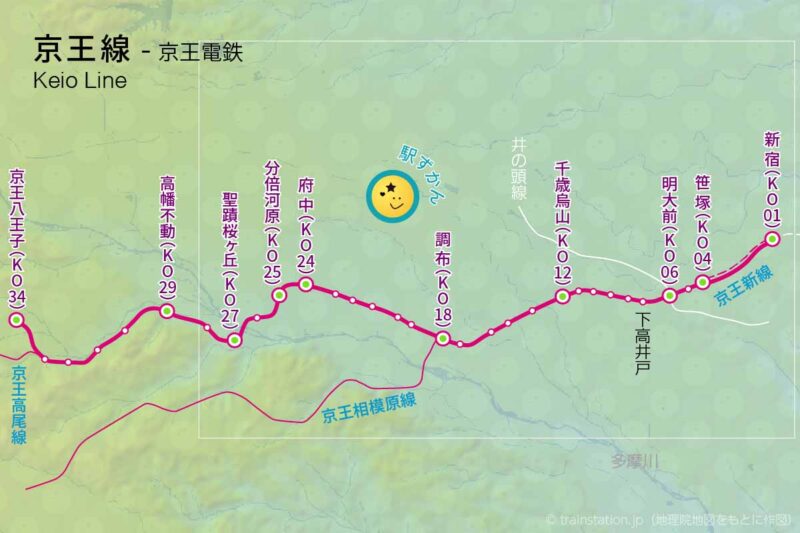 京王線路線図と地形地図
