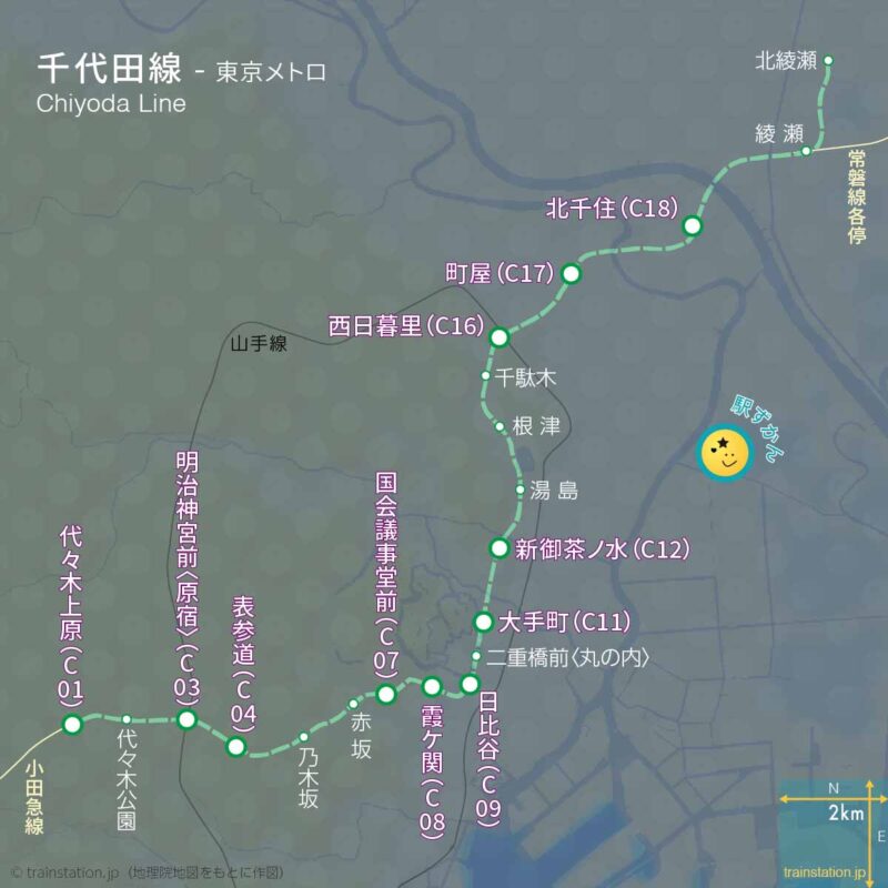 千代田線路線図と地形地図