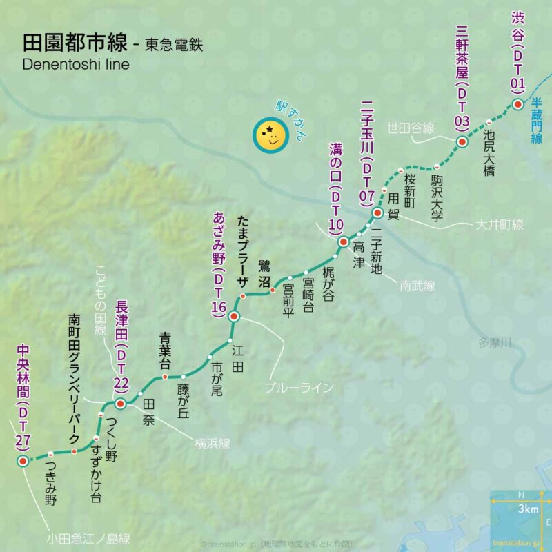 田園都市線路線図と地形地図